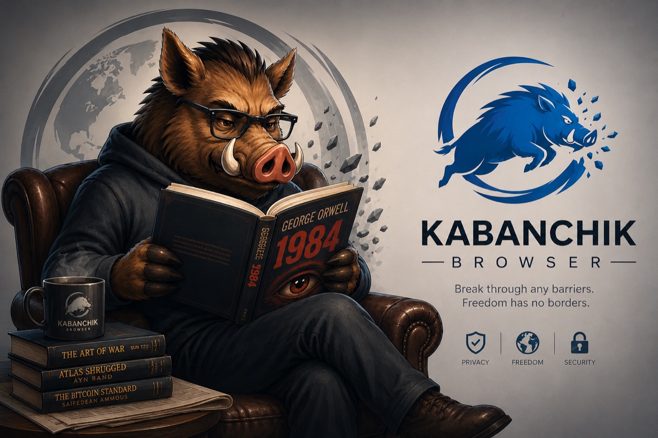 Кабанчик в очках читает «1984» в кожаном кресле, рядом — кружка Kabanchik Browser и стопка книг (Sun Tzu, Ayn Rand, Saifedean Ammous).